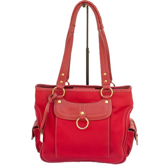 Vintage Y2K Purse MAXX NEW YORK Red Canvas Leather Tote Shoulder Bag Handbag - Picture 1 of 13